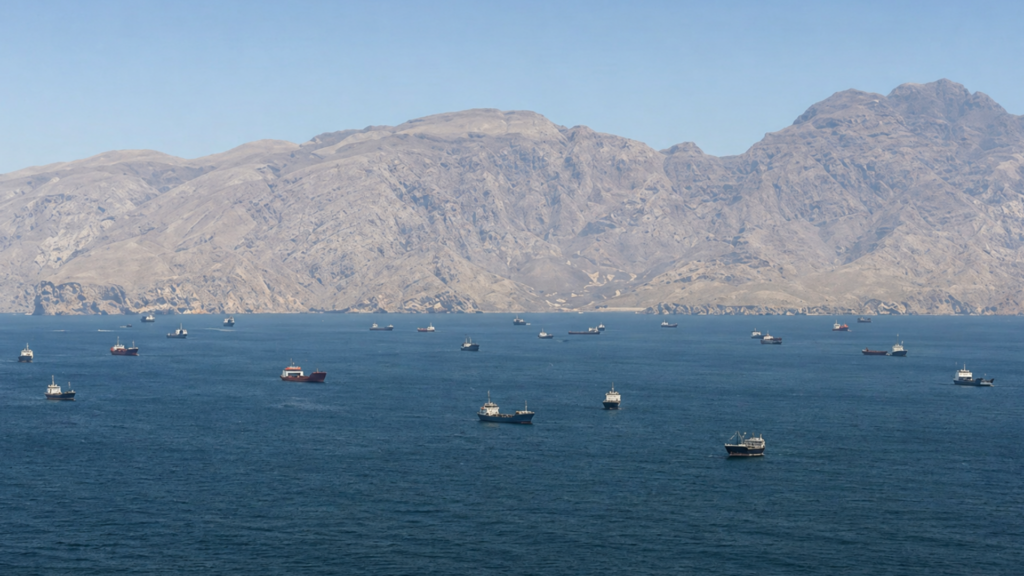 A wide view from a high vantage point overlooking the Strait of Hormuz; dozens of large cargo ships and oil tankers are anchored in the calm blue water against a backdrop of jagged, arid mountains, illustrating the maritime bottleneck.