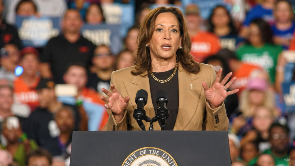Kamala Harris speaks at a campaign rally with a crowd holding signs in the background.
