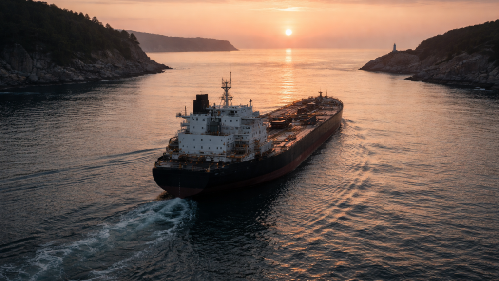 A large oil tanker navigating a narrow coastal passage at sunset, with its hull casting a long shadow on the water as it moves between rocky headlands toward the open sea.