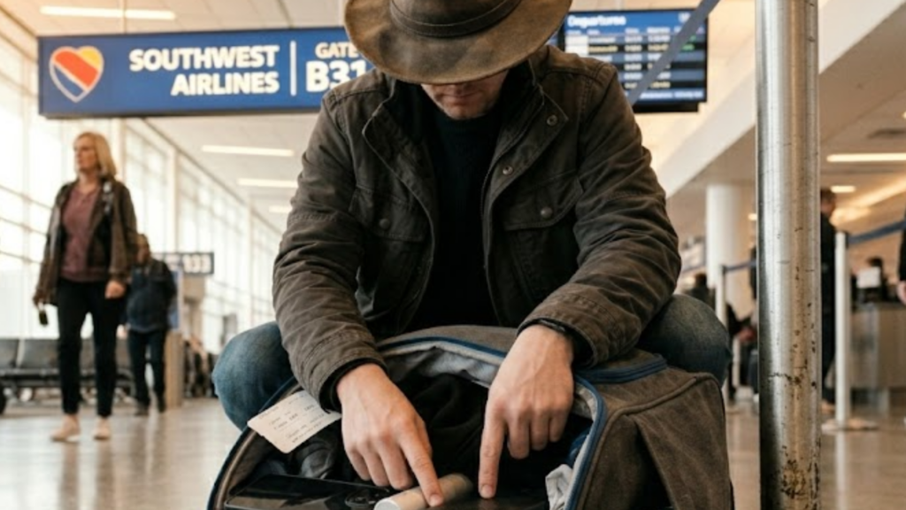 A traveler wearing a brown wide-brimmed hat crouches over his bag at an airport terminal; in the background, a blue-and-white sign for Southwest Airlines.