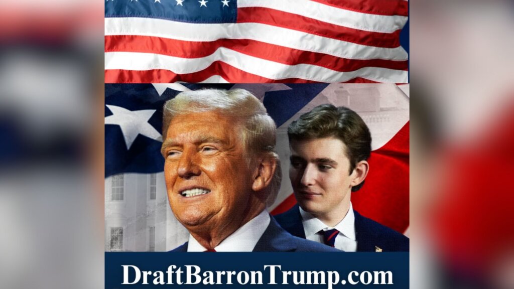 Donald Trump and Barron Trump overlaid on American flag with DraftBarronTrump.com text.