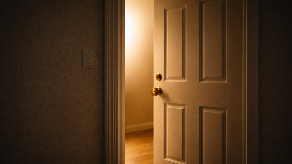 A low-angle shot of a white door slightly ajar, with warm yellow light spilling from the room into a dark.