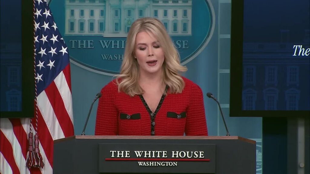 White House press secretary Karoline Leavitt speaking at a podium during a briefing in Washington.