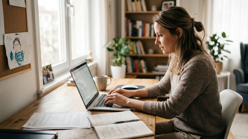 A woman working at a desk in a well-lit home office, focused on a laptop with documents nearby.