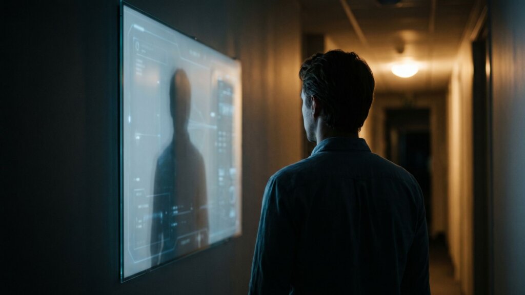 Man facing a wall-mounted transparent screen with data interface in a dim hallway.