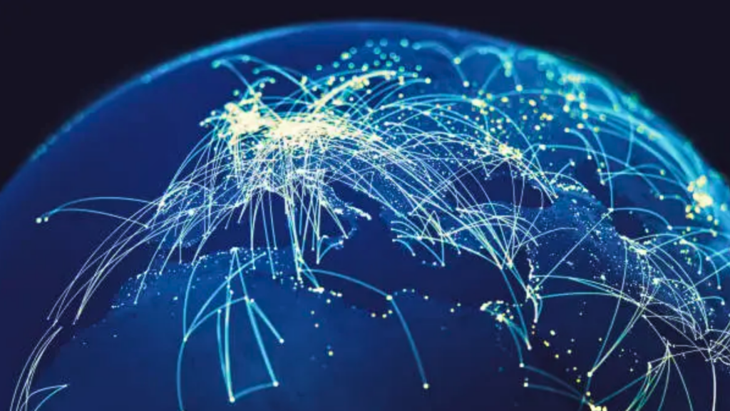 A digital graphic of the Earth from space, with glowing lines and points of light connecting major cities across continents, illustrating the complexity and interconnectedness of global flight paths.