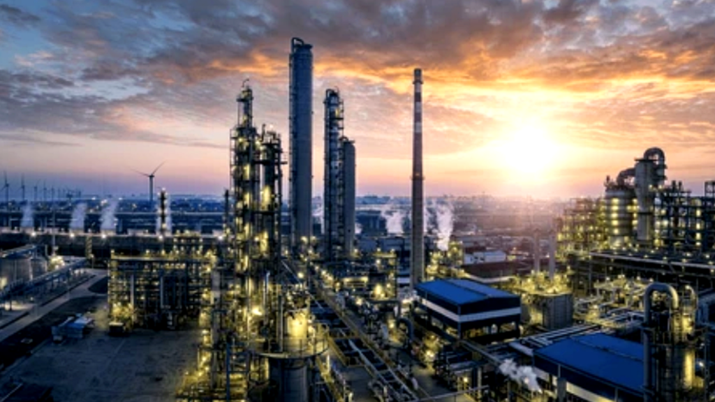 A wide aerial shot of a massive oil refinery complex during a golden sunset; the facility features several tall fractionation towers, storage tanks, and steam plumes illuminated by industrial lights.