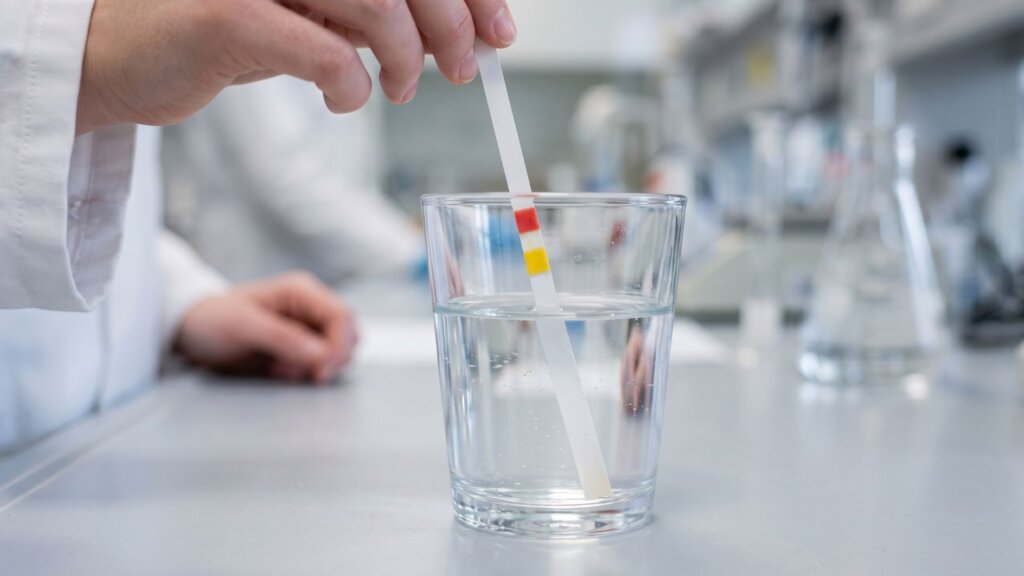 Person dipping a test strip into a glass of water in a laboratory setting to check water quality.