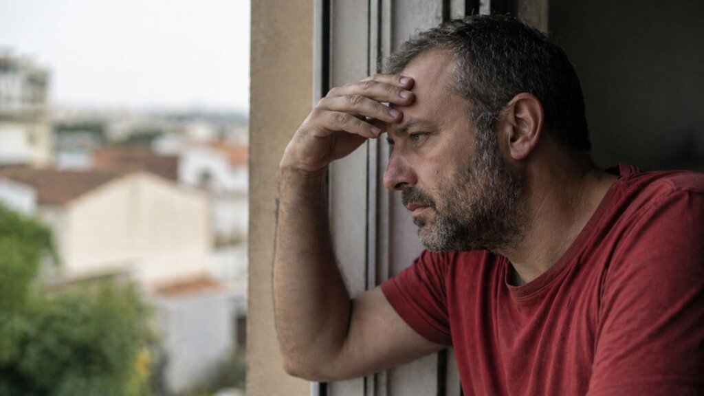 A middle aged man in a red shirt leans against a window with his hand on his forehead, gazing outside with a tense and worried expression in a quiet indoor setting.
