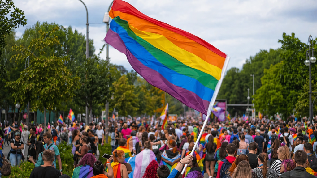 Large crowd at Pride parade with rainbow flag waving above participants.