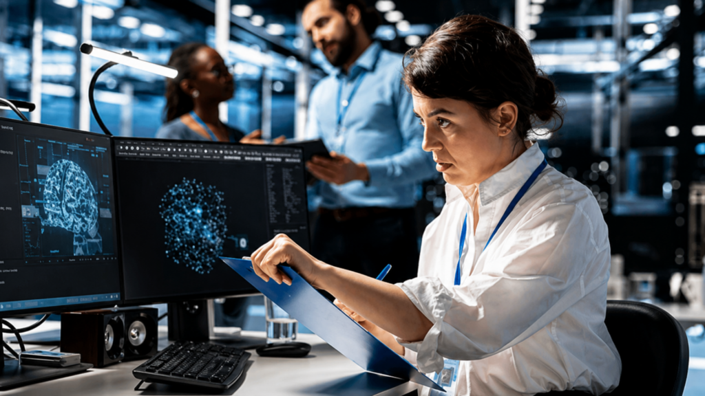 Scientist reviews data on a clipboard while analyzing brain scans on computer monitors in a lab.