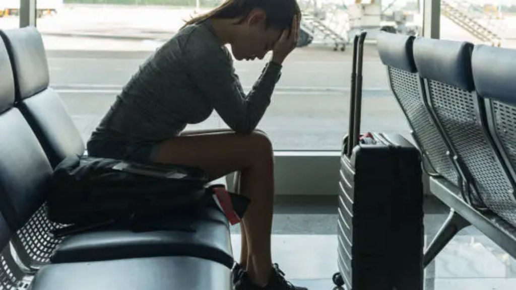 Traveler sitting in airport terminal with head in hand beside luggage.