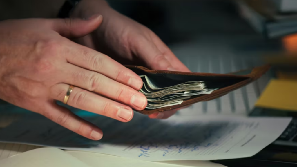 Person opening wallet showing cash over desk with paperwork.