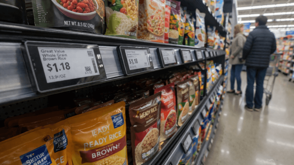 Close-up of digital price labels on a retail shelf in a grocery store aisle.