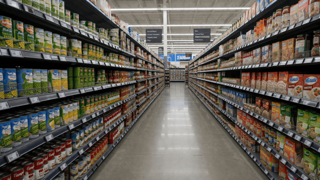 Long grocery store aisle with shelves extending into the distance under fluorescent lighting.