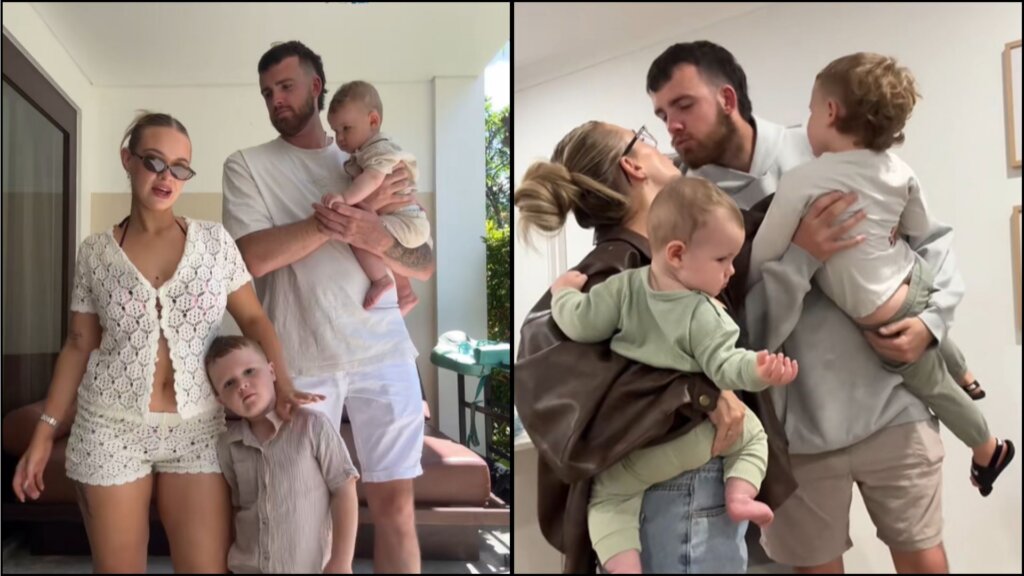 Split image showing a couple with two young children indoors, standing together and sharing a kiss while holding the kids.