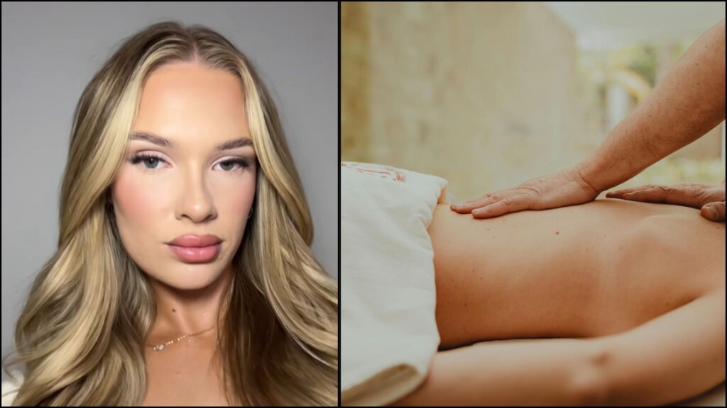 Split image showing a woman’s portrait and a spa massage treatment on a person’s back.
