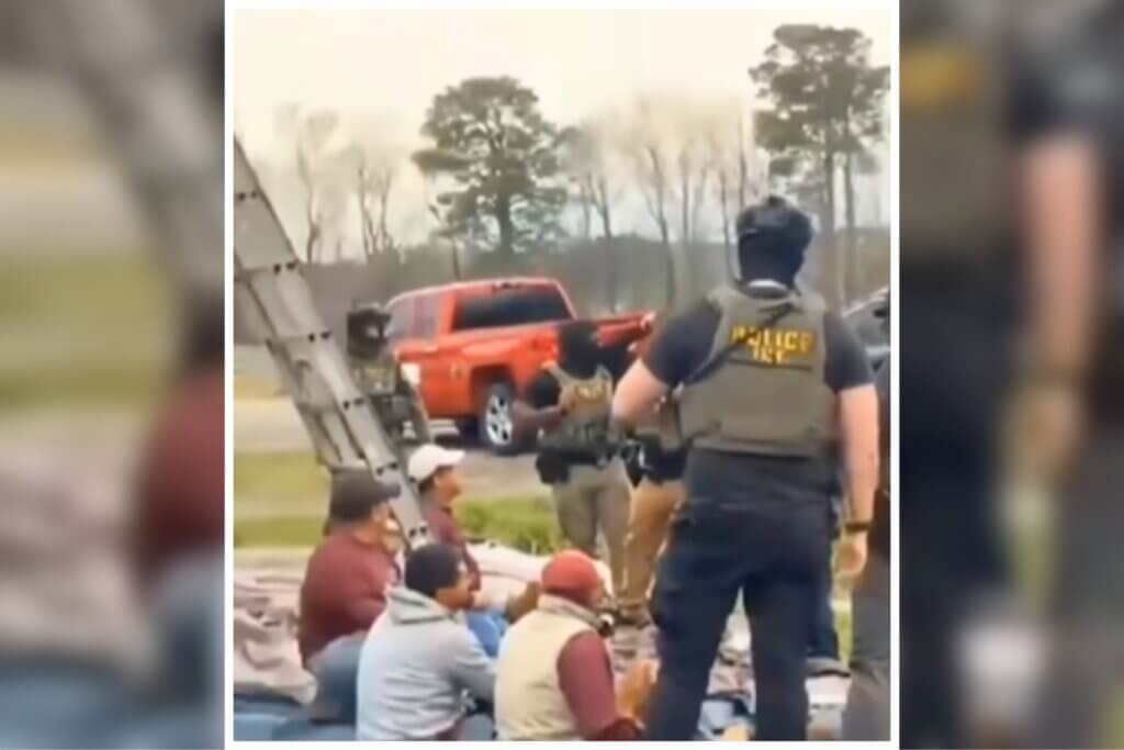 Workers and ICE agents gathered in front of the Maryland property as captured in the viral video clip.