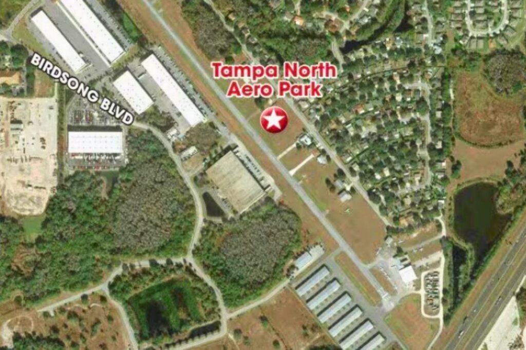 Aerial map of Tampa North Aero Park near residential areas.