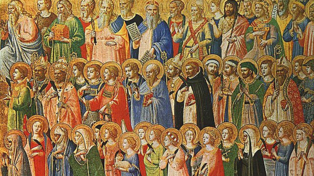 A detailed medieval religious painting titled The Forerunners of Christ with Saints and Martyrs, depicting rows of haloed figures.