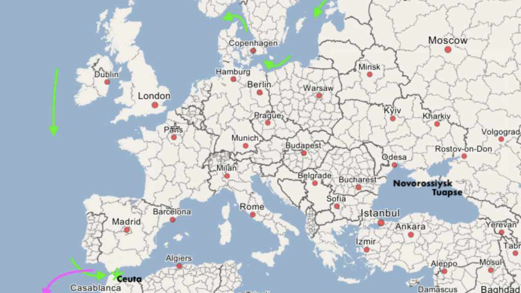 A geopolitical map of Europe and North Africa uses green and pink arrows to illustrate tanker trade routes and shipping movements between various port cities.