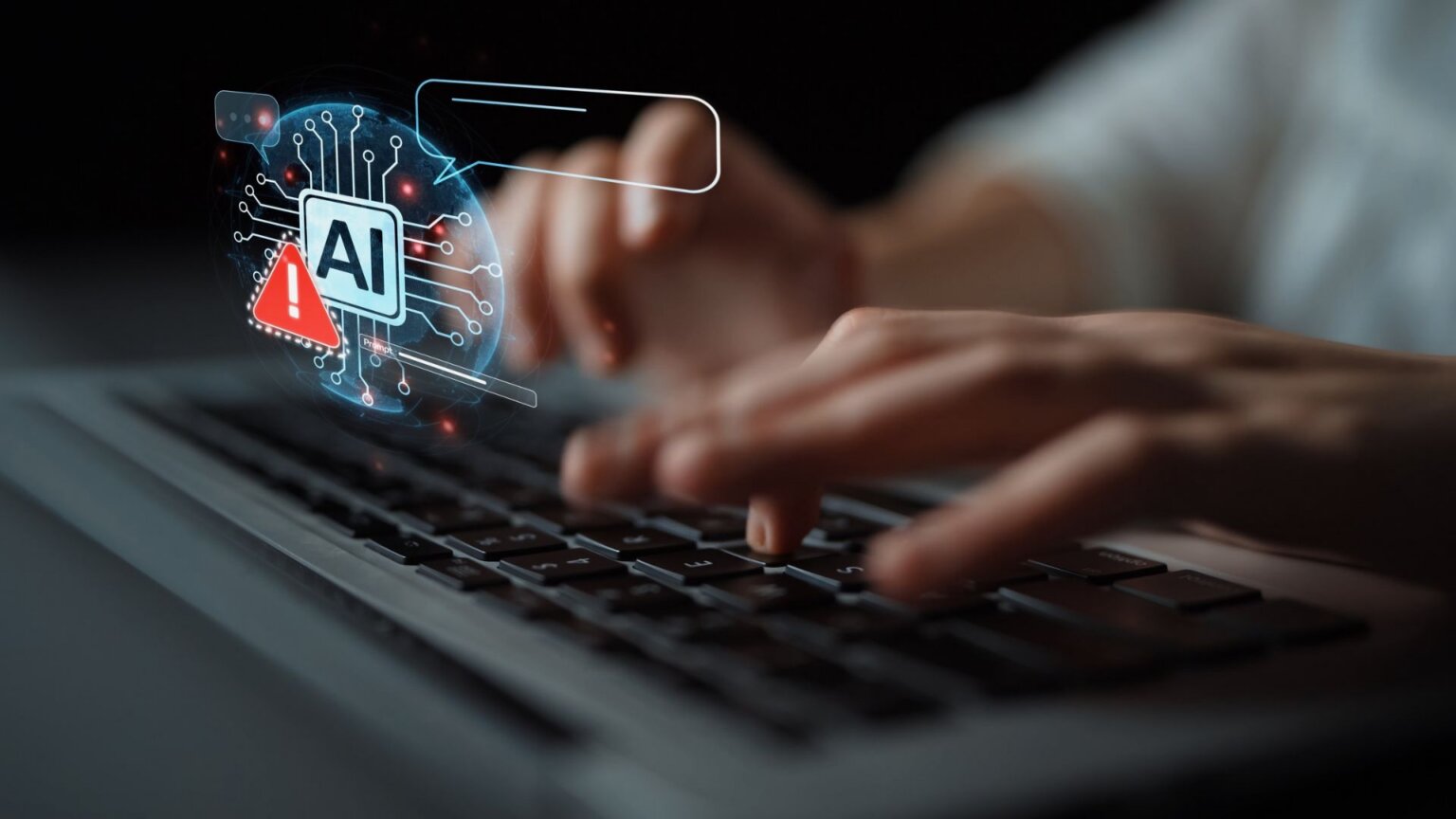 AI Stocks Trading at “Ridiculous Valuations” May Pose Bigger Threat Than Iran, Economist Warns Hands typing on laptop with glowing AI warning symbol overlay.