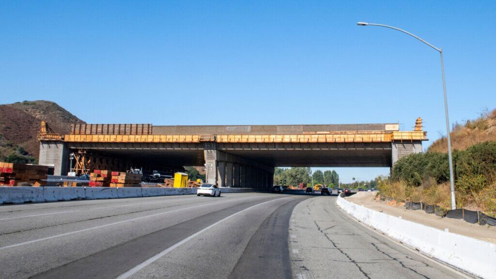 View of the Wallis Annenberg Wildlife Crossing from the highway.
