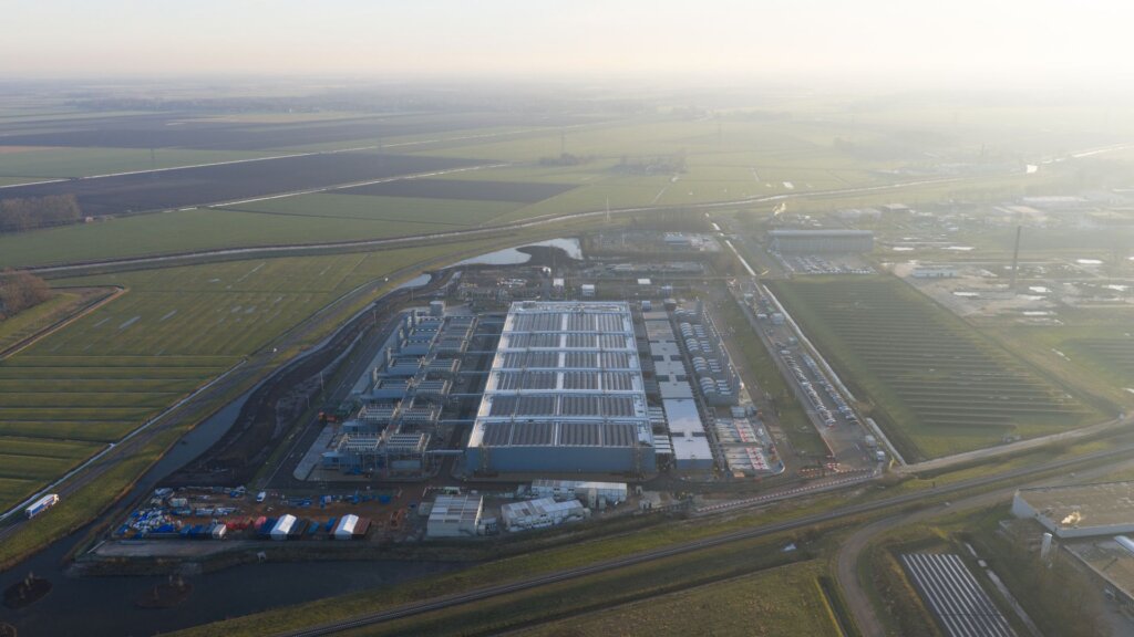 Aerial view of large scale data center infrastructure.
