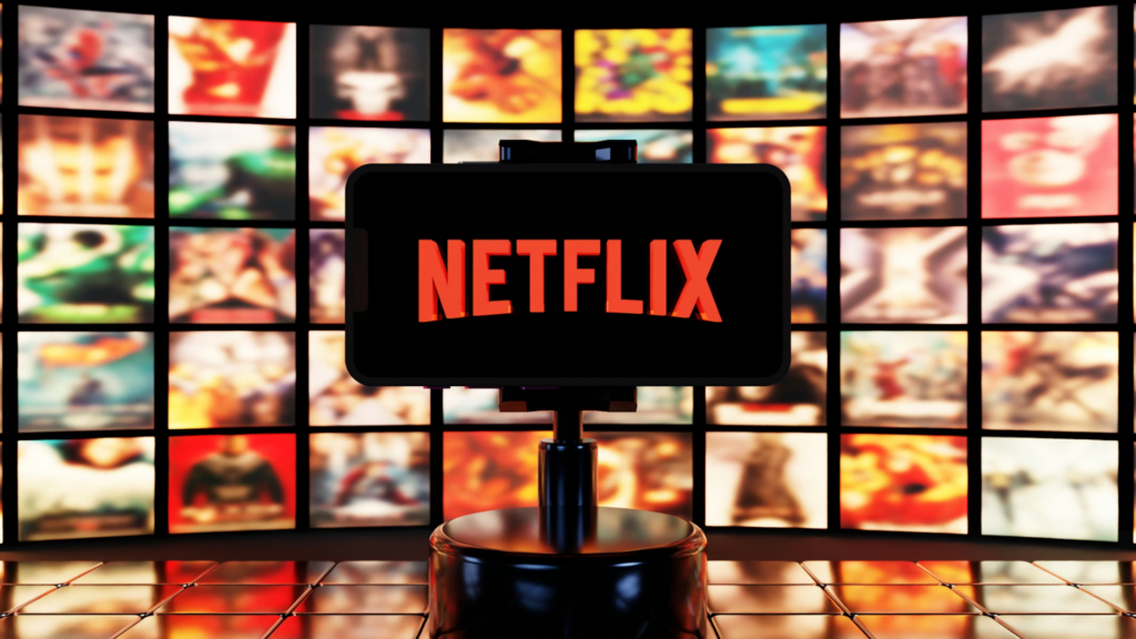 A close-up of a smartphone displaying the Netflix logo on a black screen, positioned in front of a curved wall of glowing movie posters.