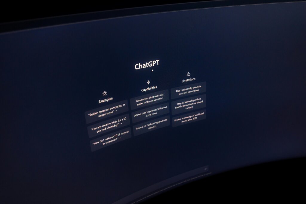 ChatGPT interface displayed on a computer screen showing examples, capabilities, and limitations.
