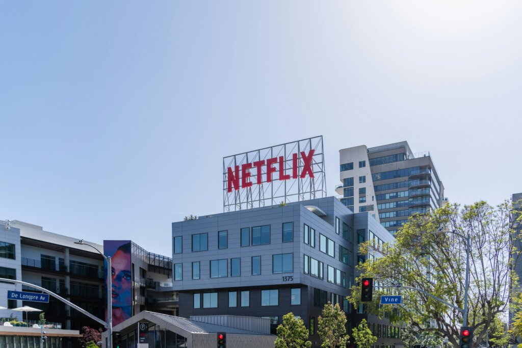 Netflix logo displayed on top of a building at its Los Angeles office.
