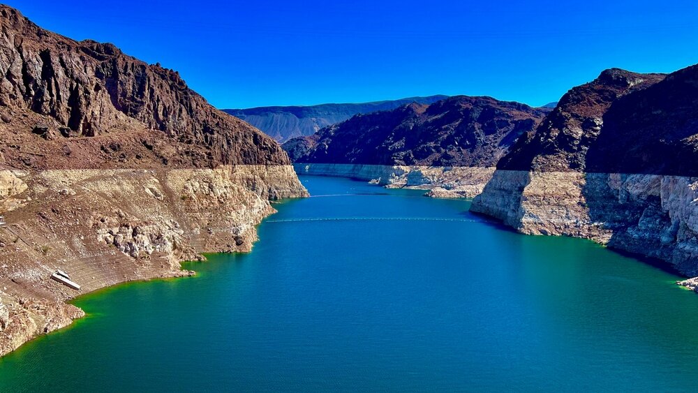 Lake Mead with visible bathtub ring on canyon walls indicating low water levels.