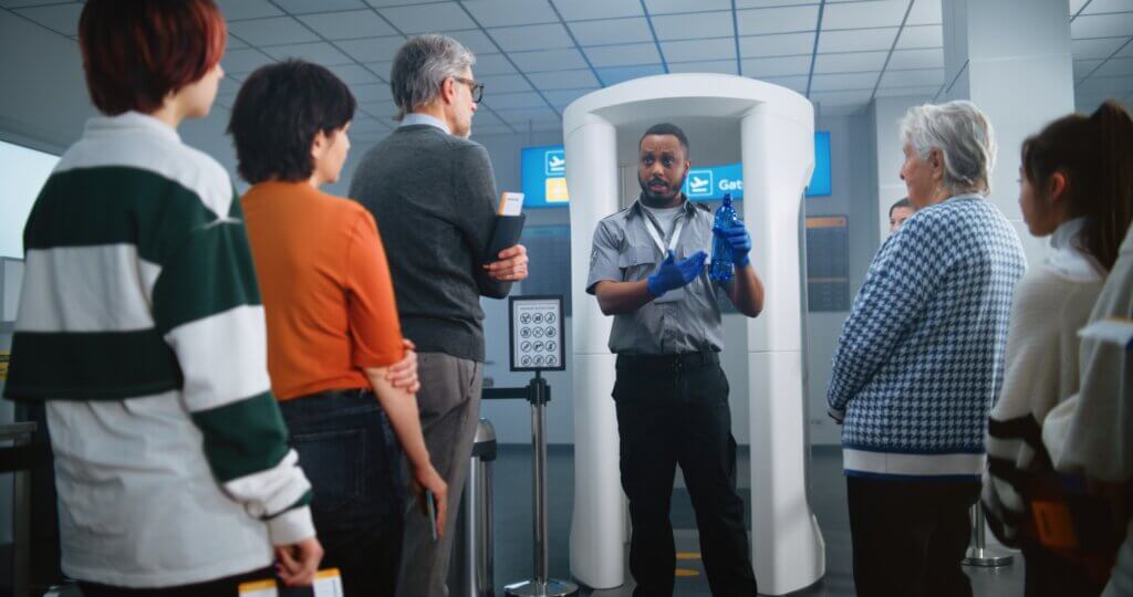Airport security officer showing water bottle to travelers at screening checkpoint