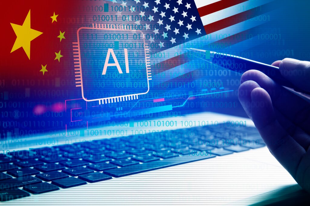 Illustration of AI chip overlaid with U.S. and China flags above a laptop keyboard, symbolizing tech competition.