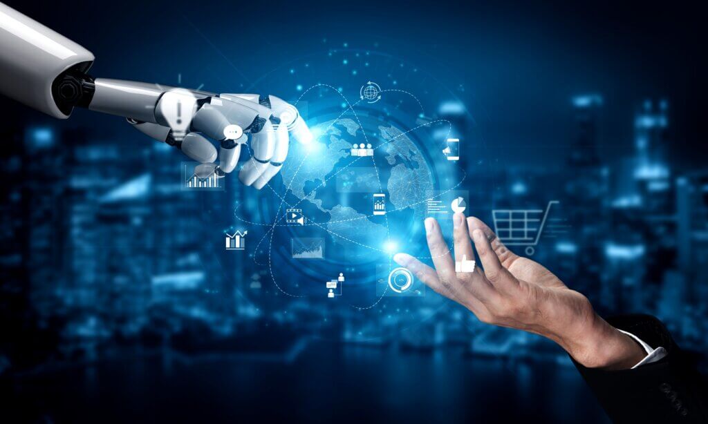 Robotic hand and human hand interacting over digital globe with data icons.