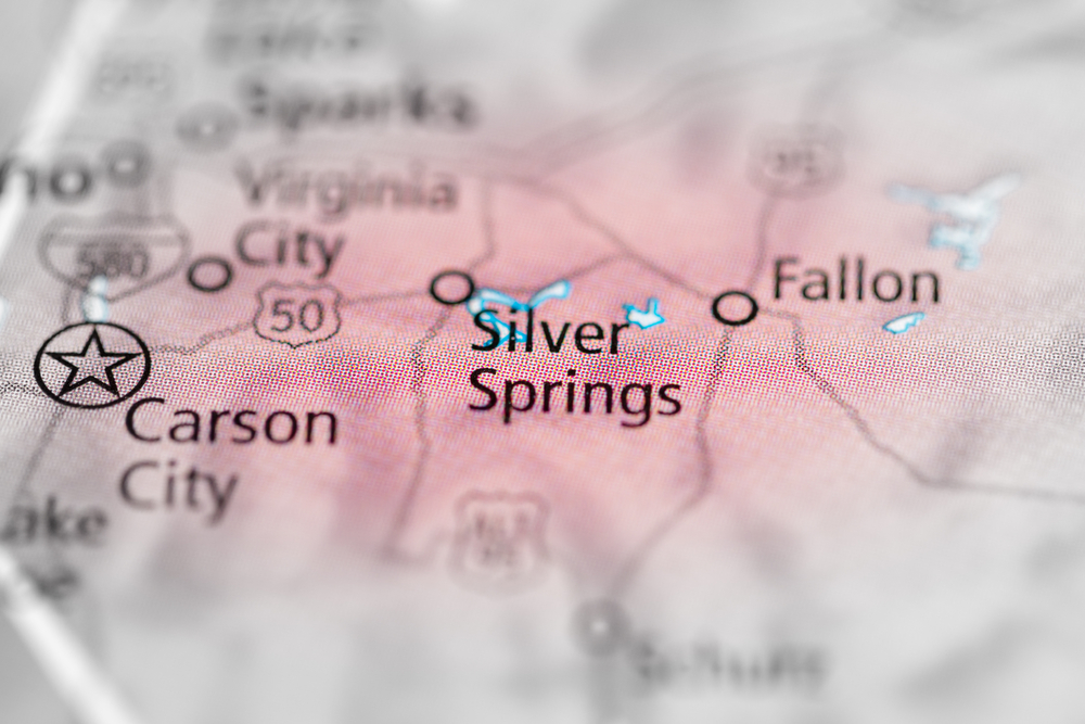 Map highlighting Silver Springs, Nevada near Carson City with surrounding towns labeled.