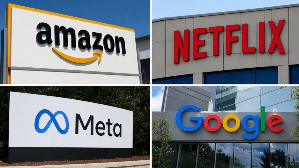 Collage of four office signs showing "amazon", "NETFLIX", "Meta", and "Google" on building exteriors, representing major tech companies tied to the silicon six tax issue debate.