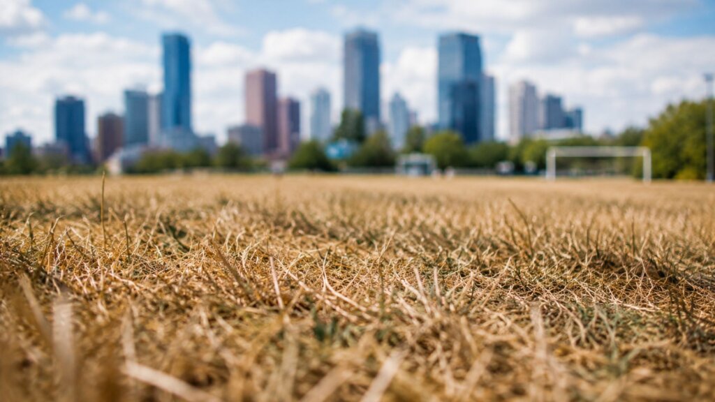 Dry yellow grass covering a large open field with a blurred city skyline and soccer goal in the background under a partly cloudy sky. The photo highlights drought conditions in an urban park setting.