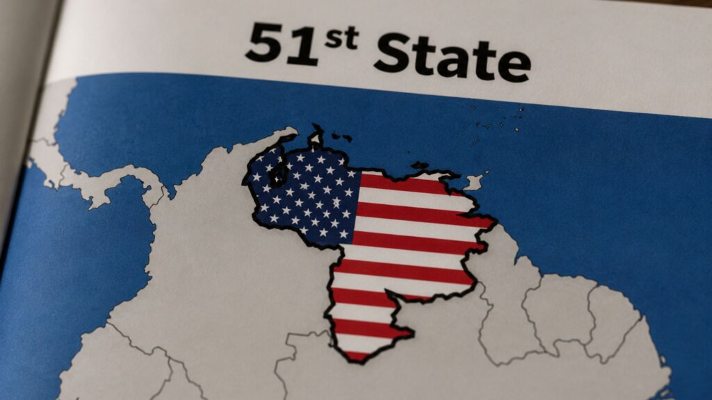 Map of Venezuela filled with the American flag beneath the headline "51st State" to illustrate political discussion about Trump and Venezuela becoming a hypothetical 51st state.