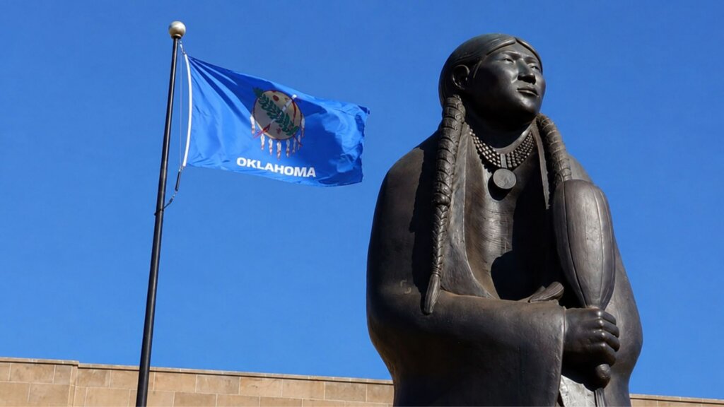 Bronze statue of a Native American woman standing beside an Oklahoma state flag waving against a bright blue sky.