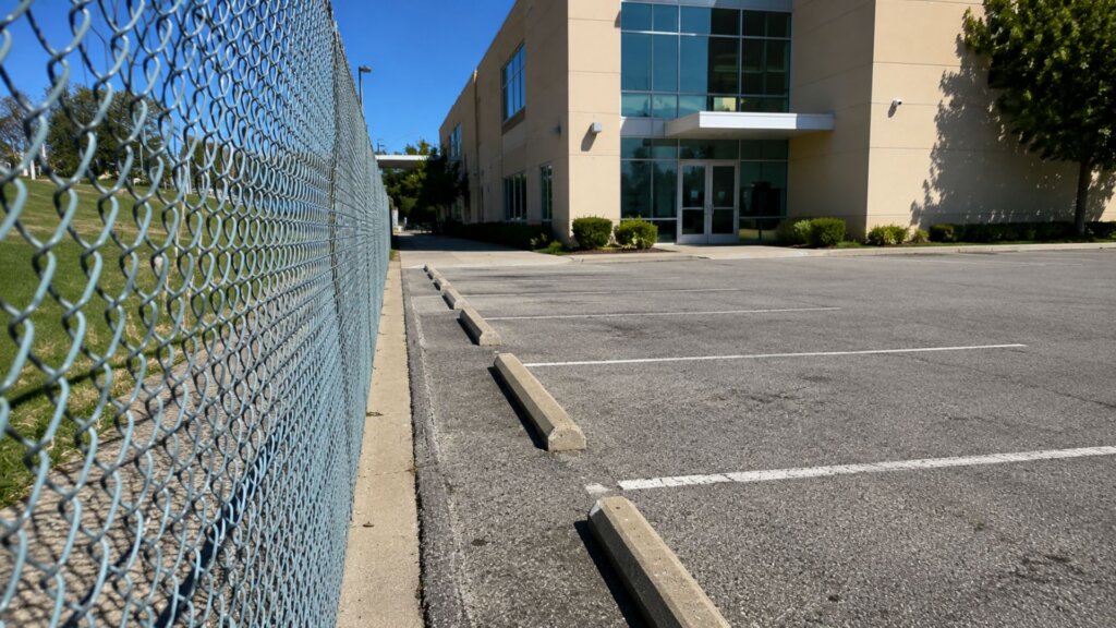 Empty parking lot beside a beige office building with large glass windows and a chain link fence running along the left side. The quiet commercial property highlights unused urban space that some schools and organizations are opening for homeless students and families to safely park overnight.