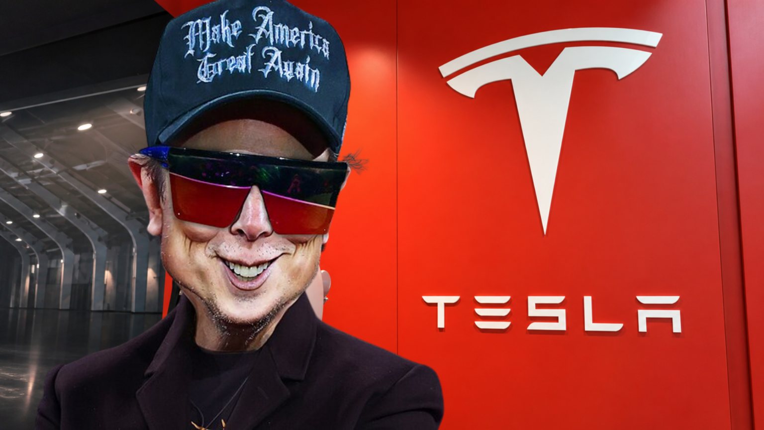 A close-up of a smiling Elon Musk wearing a black "Make America Great Again" hat and large red-tinted sunglasses; to the right is the white Tesla logo against a solid red wall, symbolizing the deepening intersection of his political persona and corporate identity.