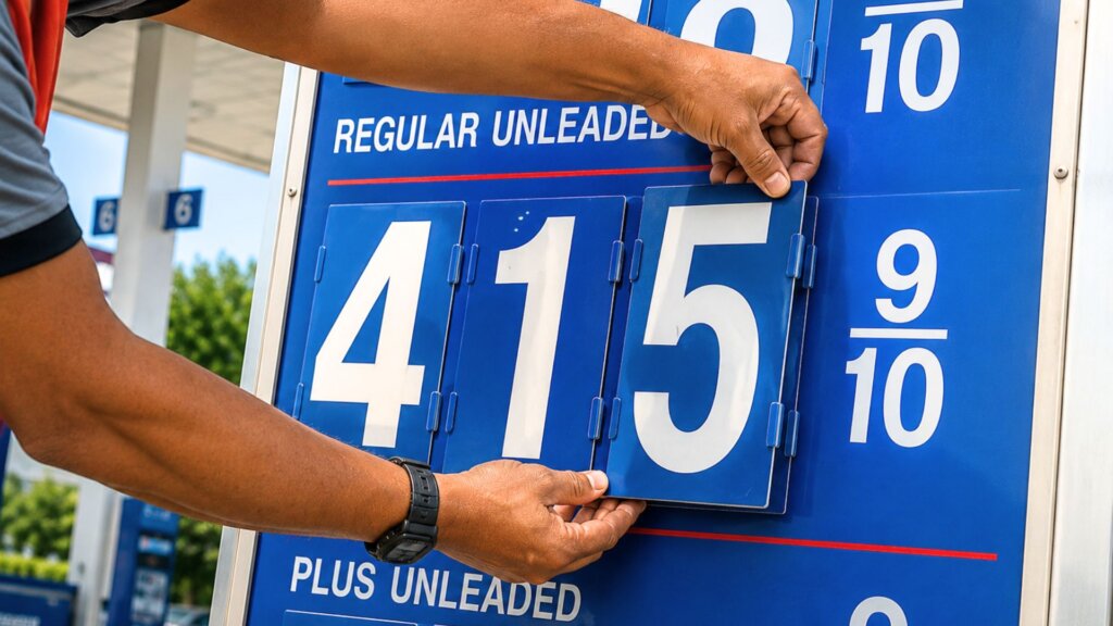 Worker changes a gas station price sign displaying regular unleaded at $4.15 per gallon. Close-up view of hands adjusting the large blue number panels highlights rising fuel costs affecting American drivers during the Iran conflict.