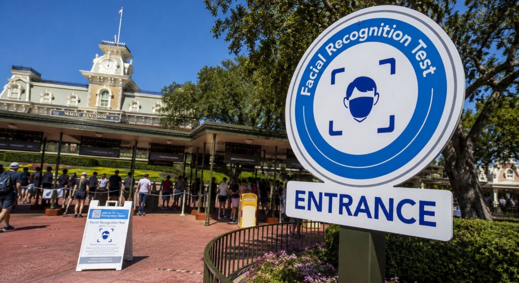 Large sign reading “Facial Recognition Test Entrance” stands outside the Magic Kingdom entrance at Disneyland while guests wait in line beneath a clear blue sky.