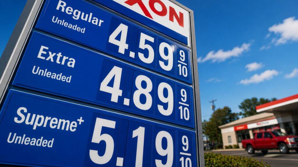 Gas station displaying fuel prices for regular, extra, and supreme unleaded gasoline at “4.59 9/10,” “4.89 9/10,” and “5.19 9/10.” A red pickup truck and gas station building appear blurred in the background under a bright blue sky.