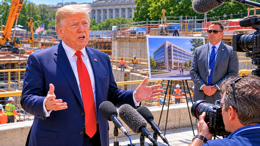 Donald Trump speaking at a press conference microphone array in front of an active construction site, with an easel displaying an architectural rendering of a finished building behind him.