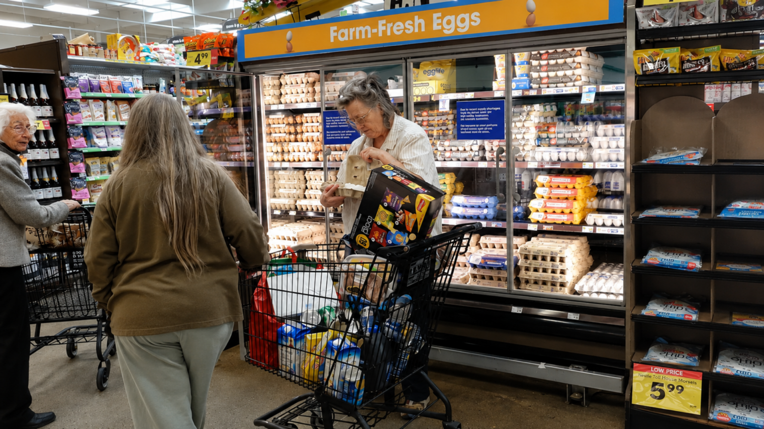 An older woman selects a carton of eggs from a fully stocked refrigerated display case under a "Farm-Fresh Eggs" sign in a grocery store aisle.
