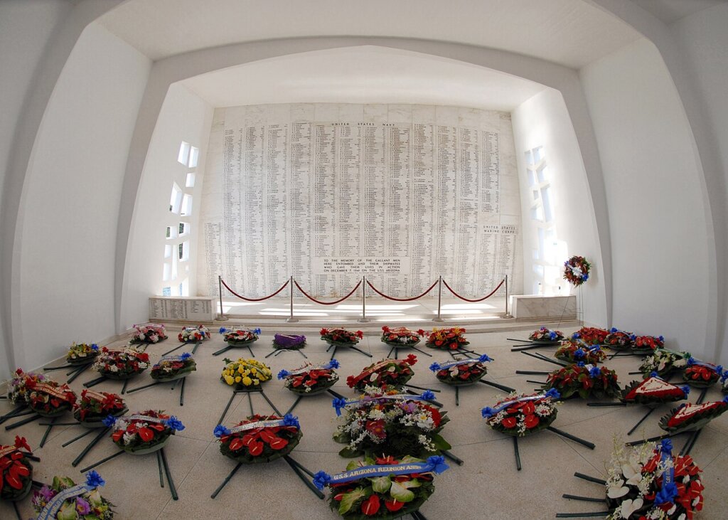 Wreaths displayed inside the USS Arizona Memorial ahead of the 2008 Pearl Harbor Day commemorations in Hawaii.