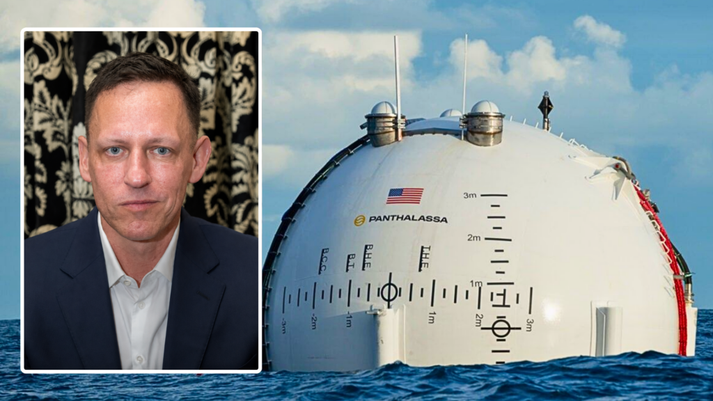 Peter Thiel inset beside Panthalassa deep-sea mining vessel floating in the ocean.
