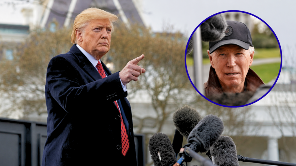Donald Trump speaking to reporters outdoors with an inset image of Joe Biden wearing a cap.
